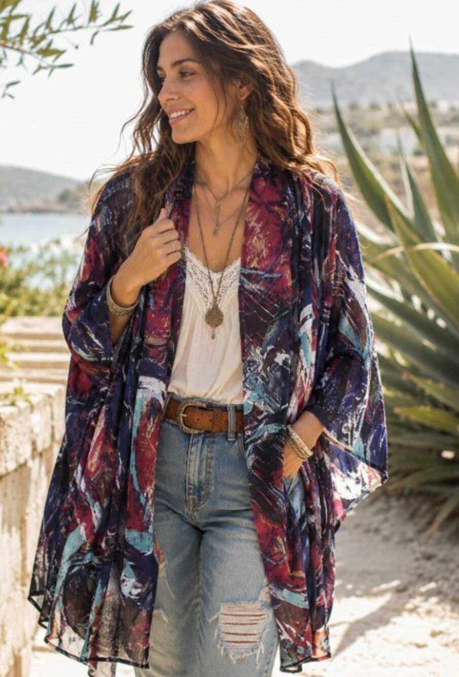 Ali Miles Womens Cardigan artsy cottage medium shawl modern abstract duster mesh